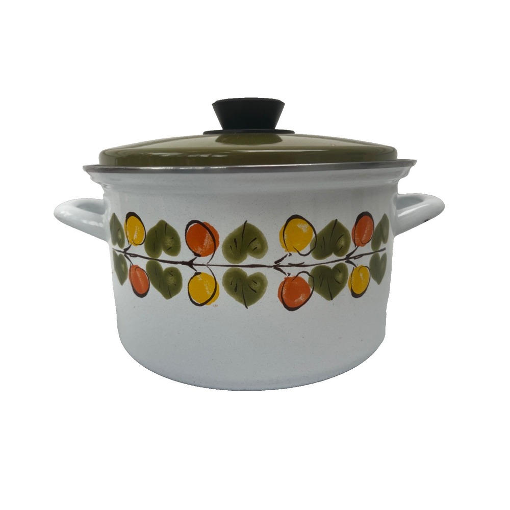 Vintage MCM Austria Email Enamel Saucepan Stock Pot Retro Orange Avocado Yellow